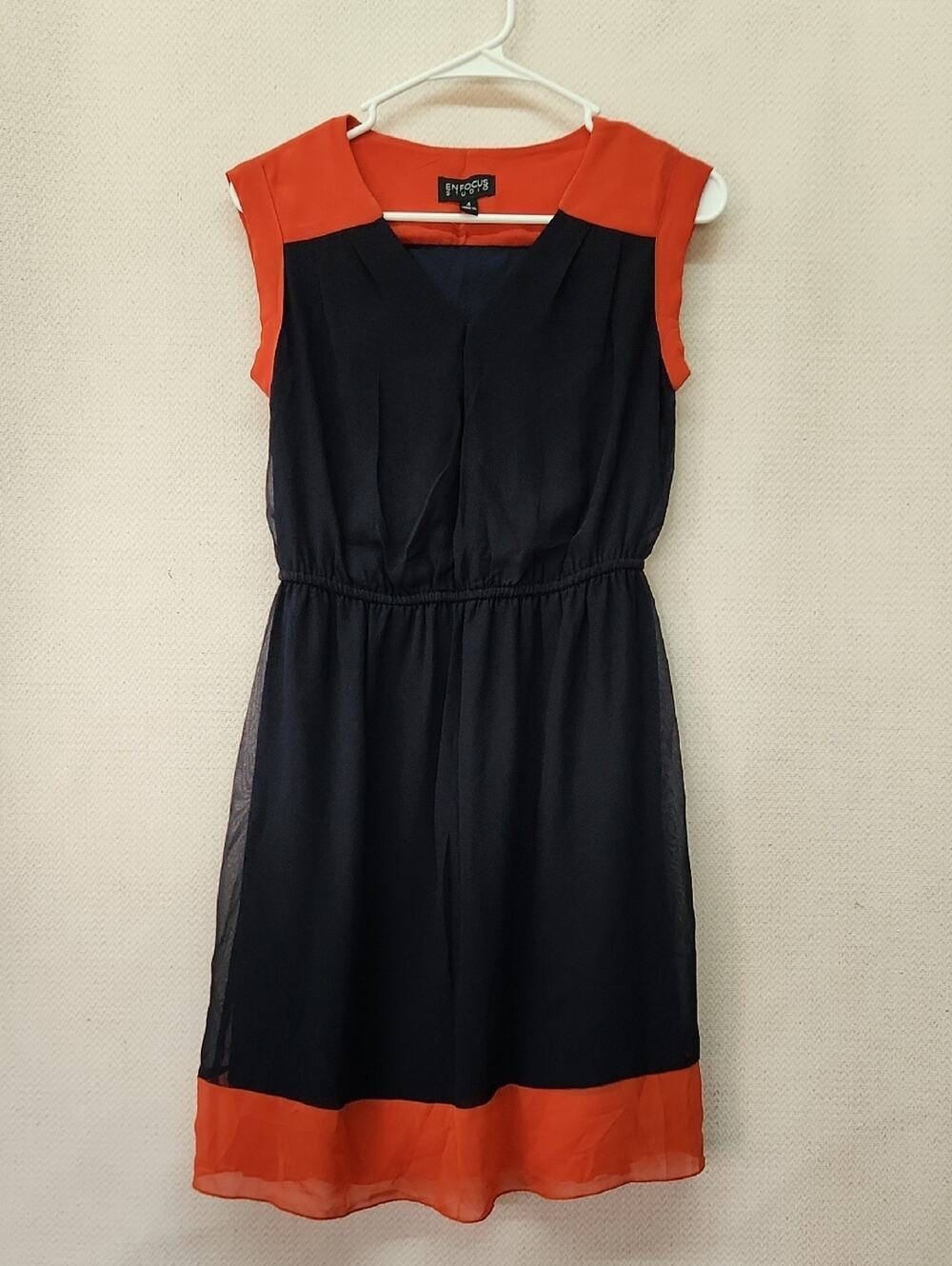 Enfocus Studio Navy Dress with Orange Cap Sleeves and Hem